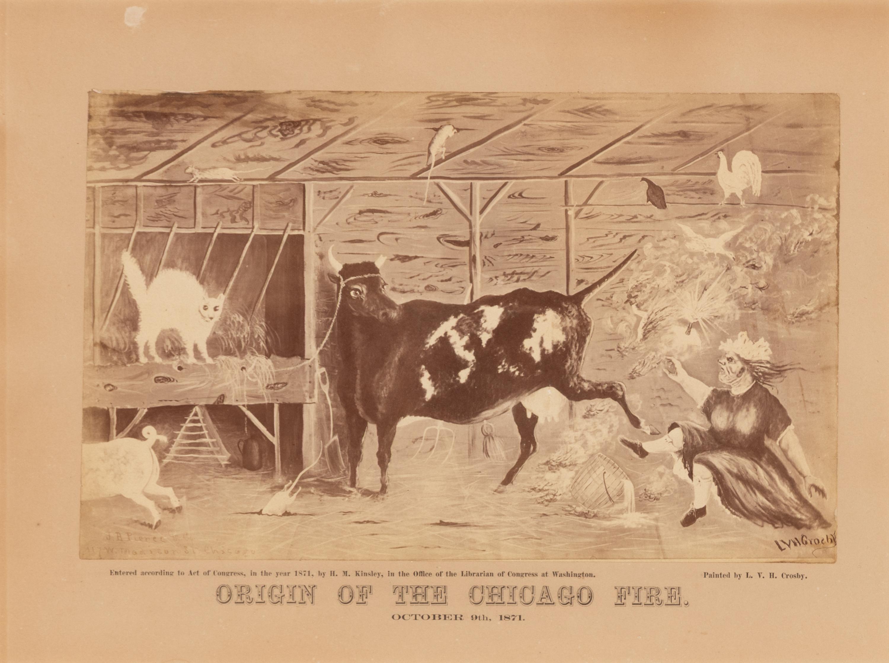 [Chicago Fire]. Crosby, L.V.H., artist. Origin of the Chicago Fire. October 9th, 1871. Washington: H.M. Kinsley, 1871.