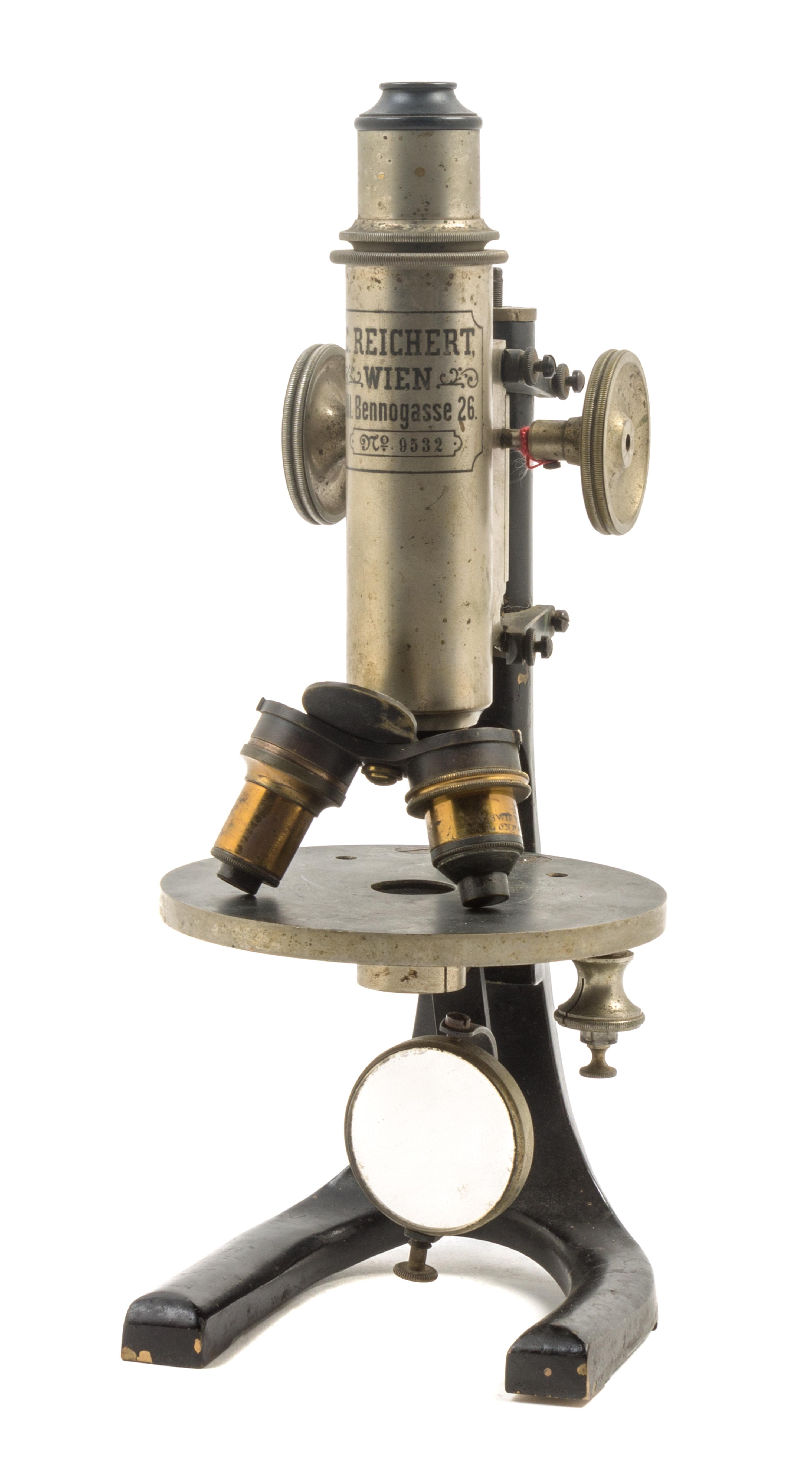 An Austrian Nickel-Plated and Black Lacquered Microscope Height 10 inches. — C. REICHERT, VIENNA, LATE 19TH CENTURY