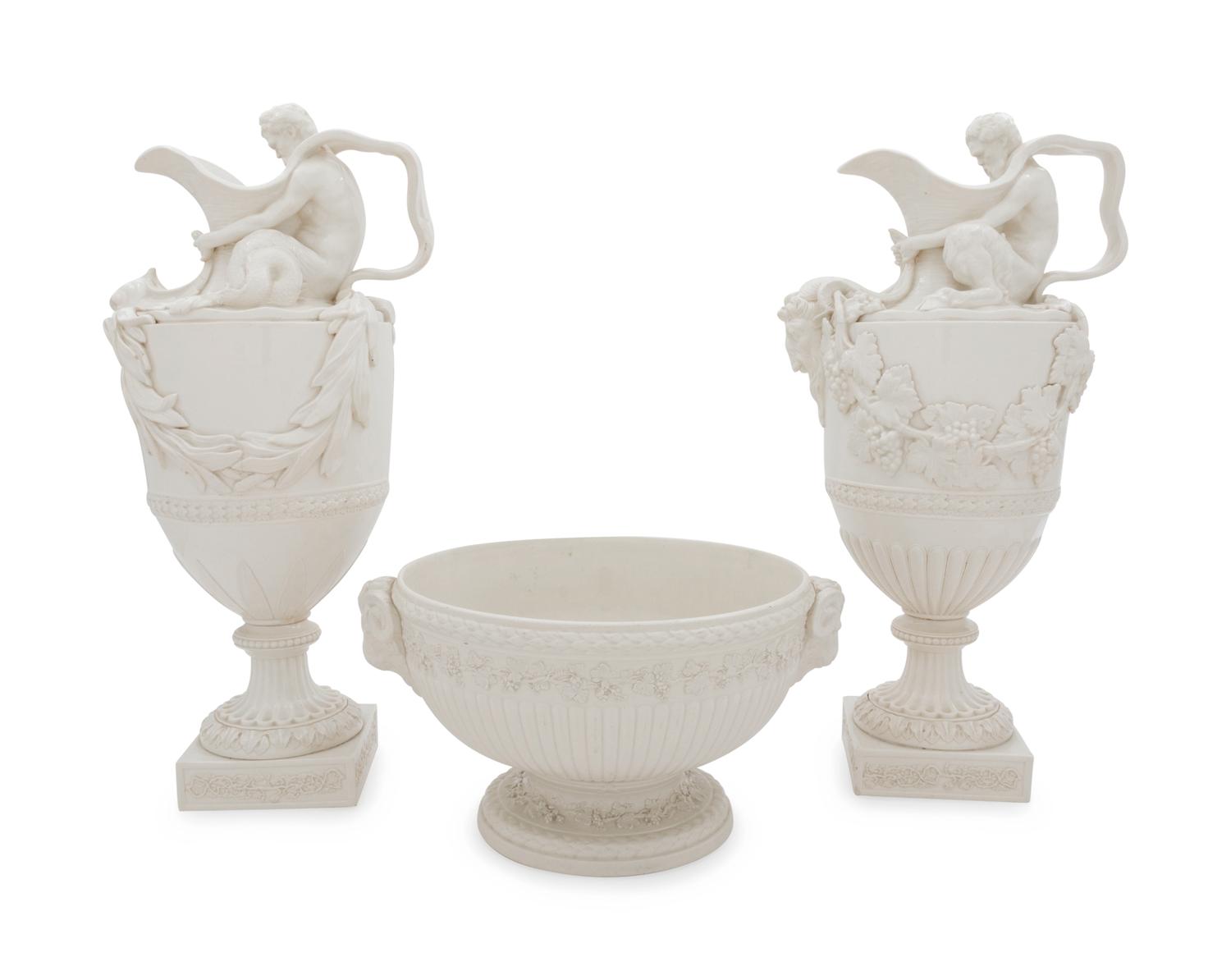 A Wedgwood Bisque Pottery Three-Piece Garniture