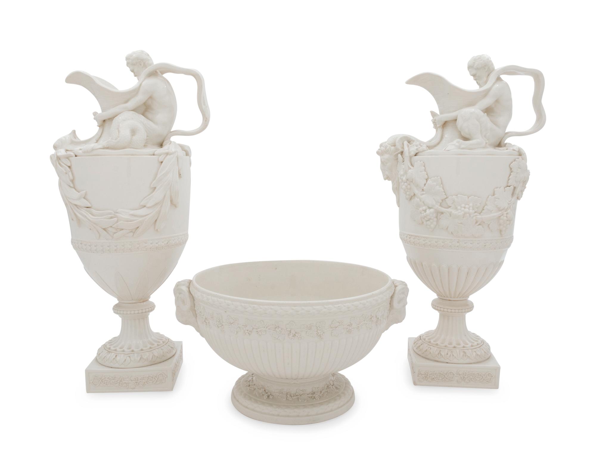 A Wedgwood Bisque Pottery Three-Piece Garniture
