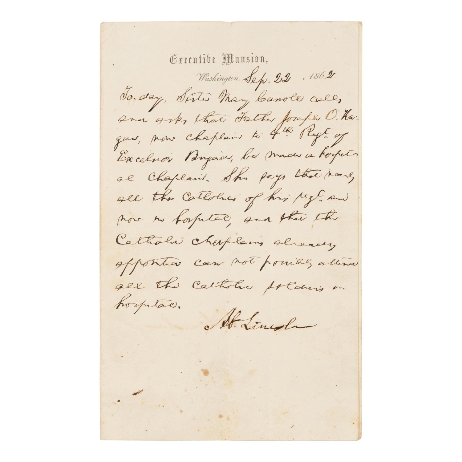 LINCOLN, Abraham (1809-1865). A hitherto unpublished autograph memorandum, Washington, D.C., 22 September 1862.