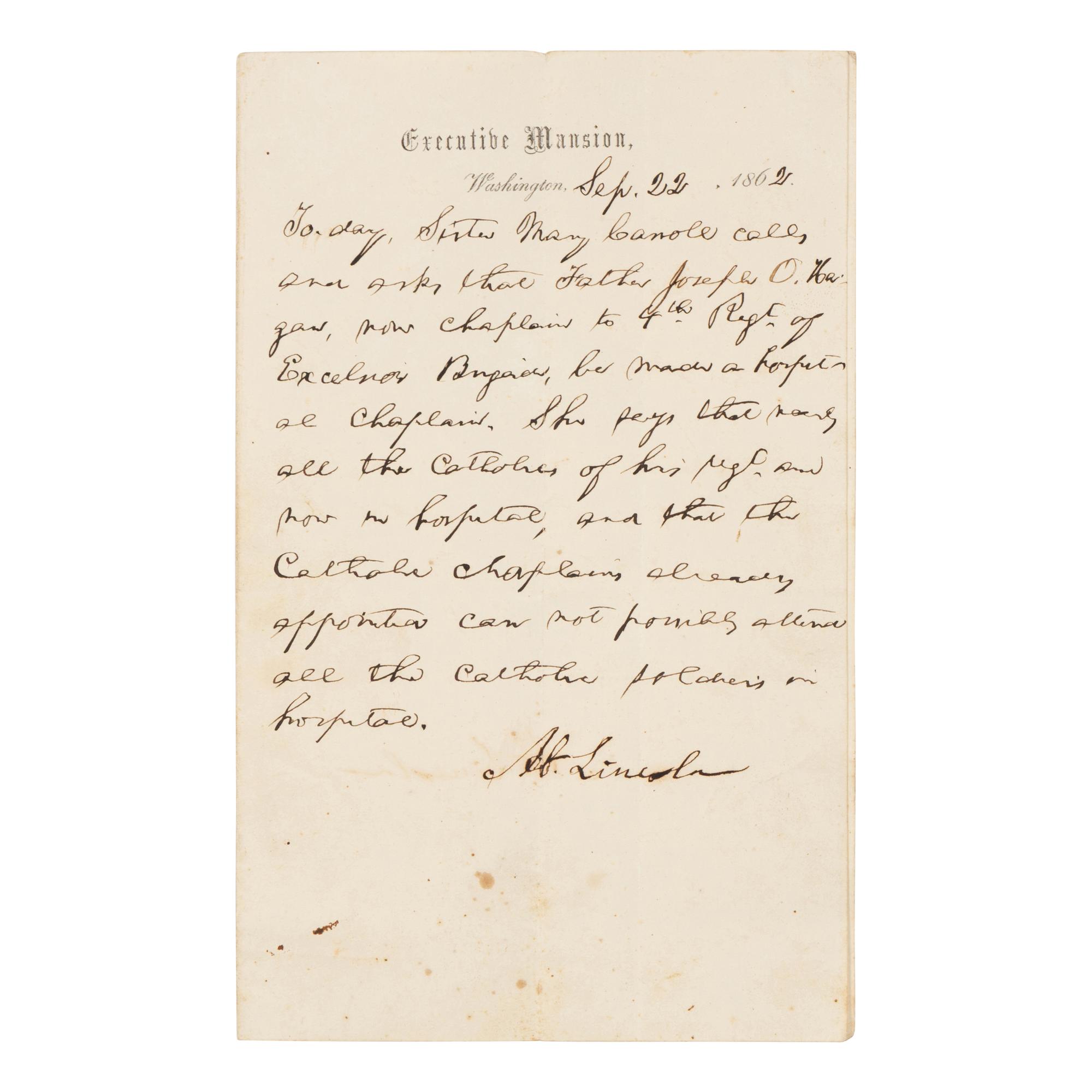 LINCOLN, Abraham (1809-1865). A hitherto unpublished autograph memorandum, Washington, D.C., 22 September 1862.