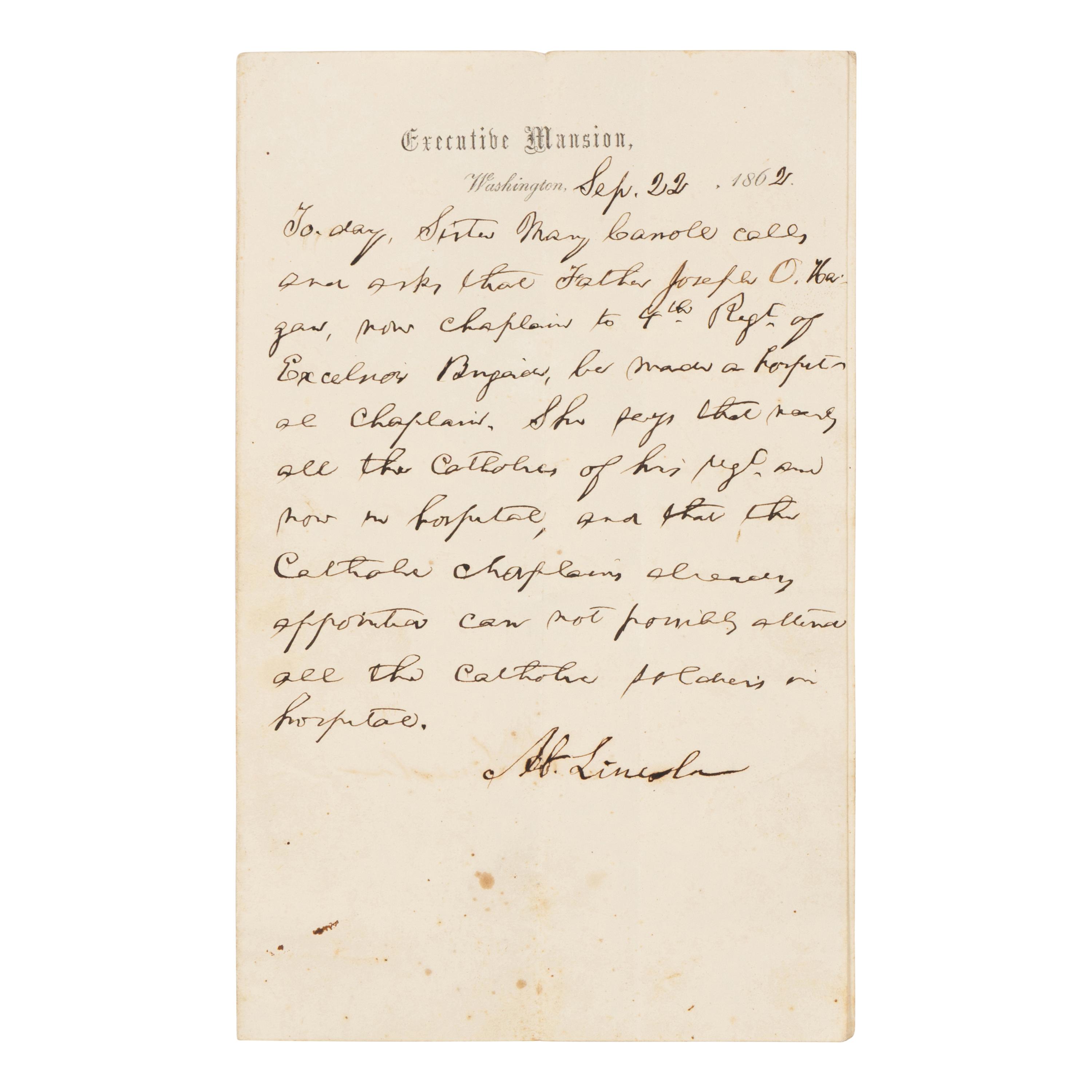 LINCOLN, Abraham (1809-1865). A hitherto unpublished autograph memorandum, Washington, D.C., 22 September 1862.