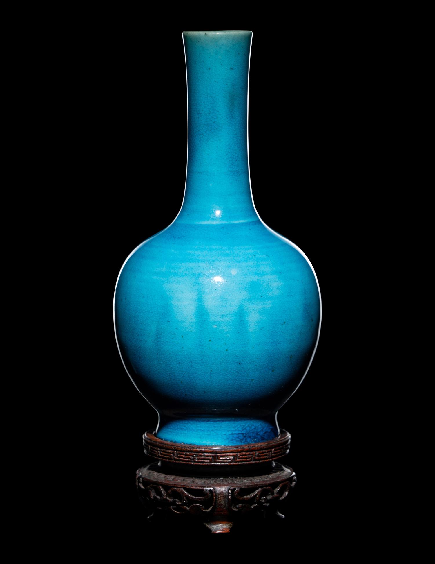 A Pair of Chinese Turquoise Glazed Porcelain Bottle Vases