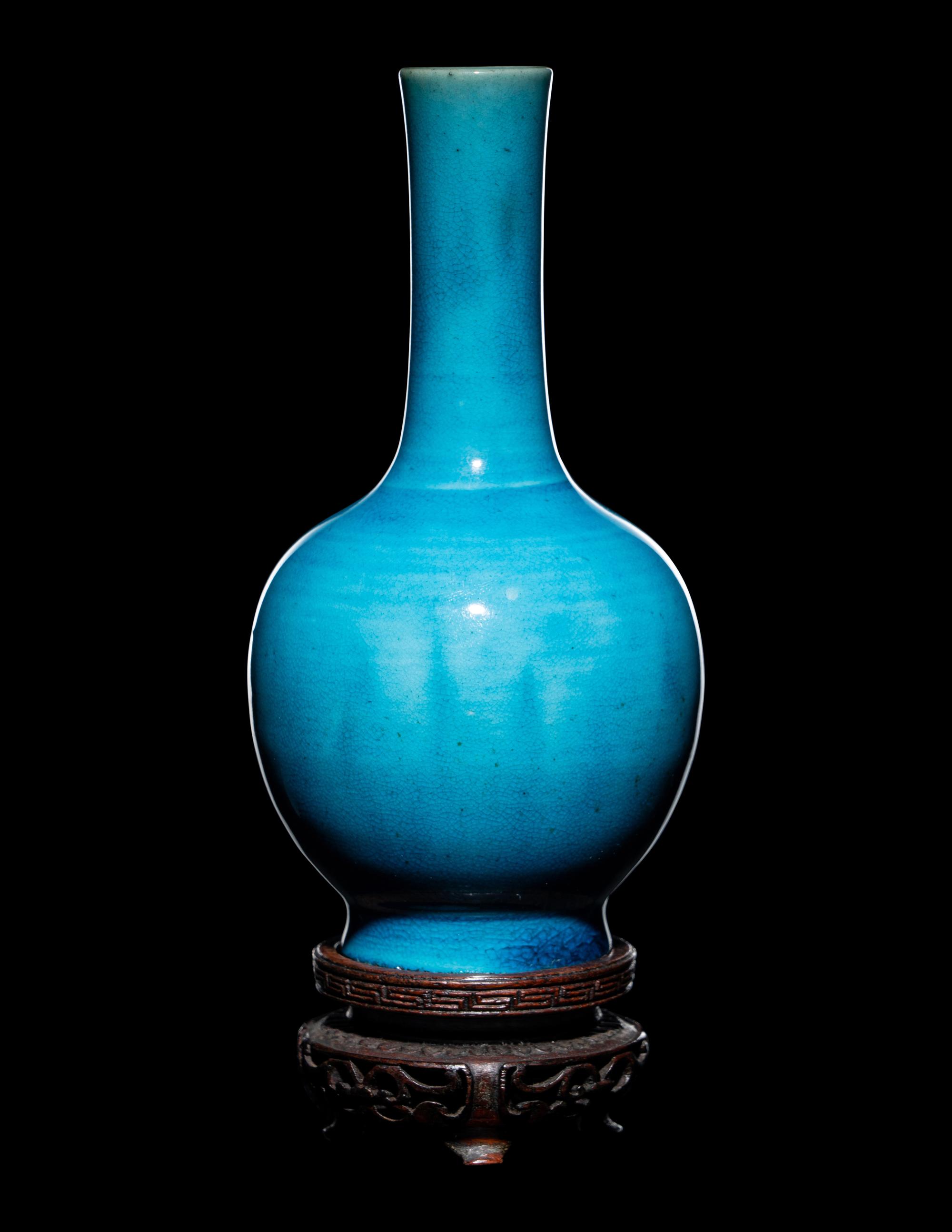 A Pair of Chinese Turquoise Glazed Porcelain Bottle Vases