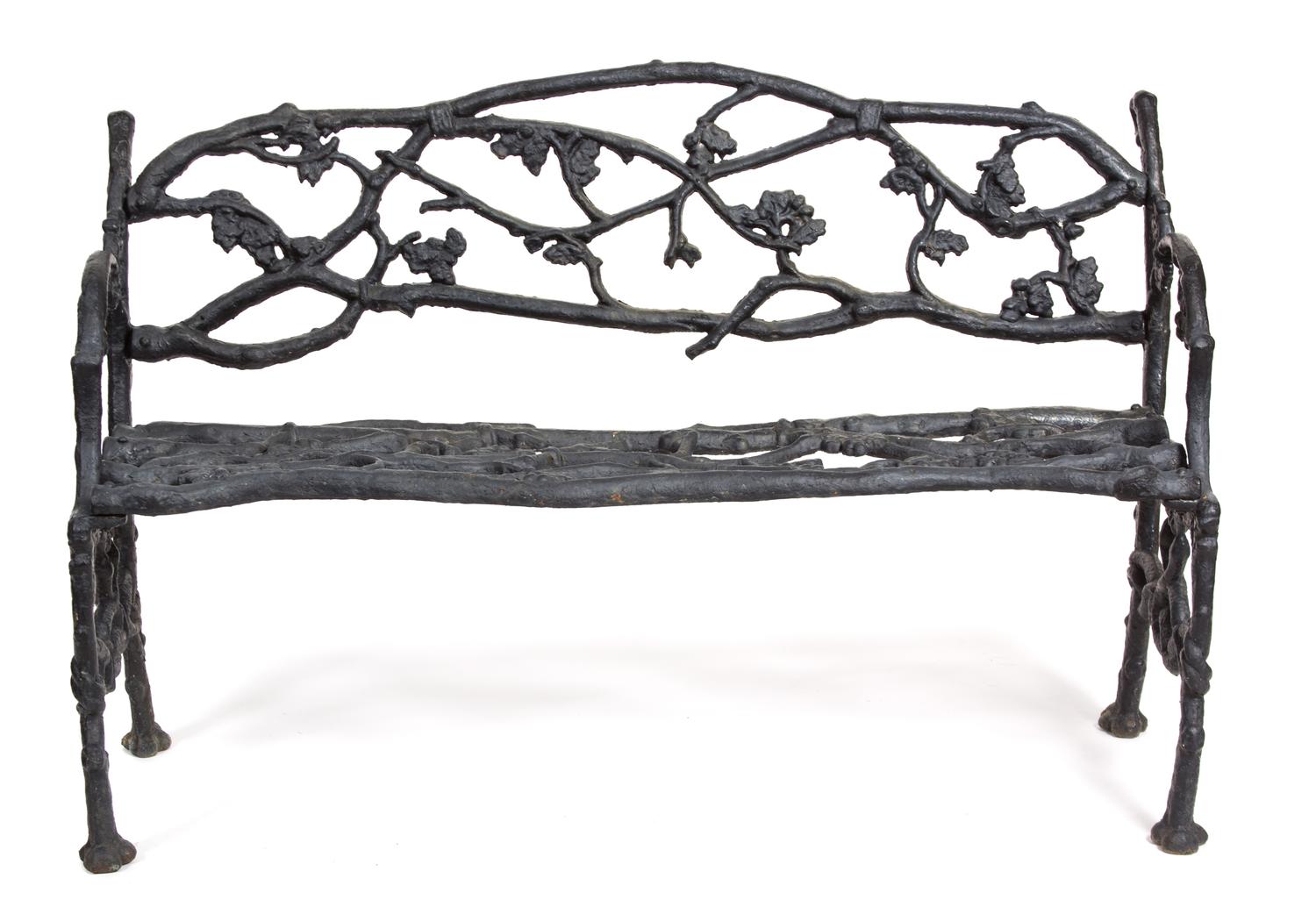 A Painted Iron Garden Bench and Matching Chair Bench, Height 33 x width 50 1/2 inches. — EARLY 20TH CENTURY