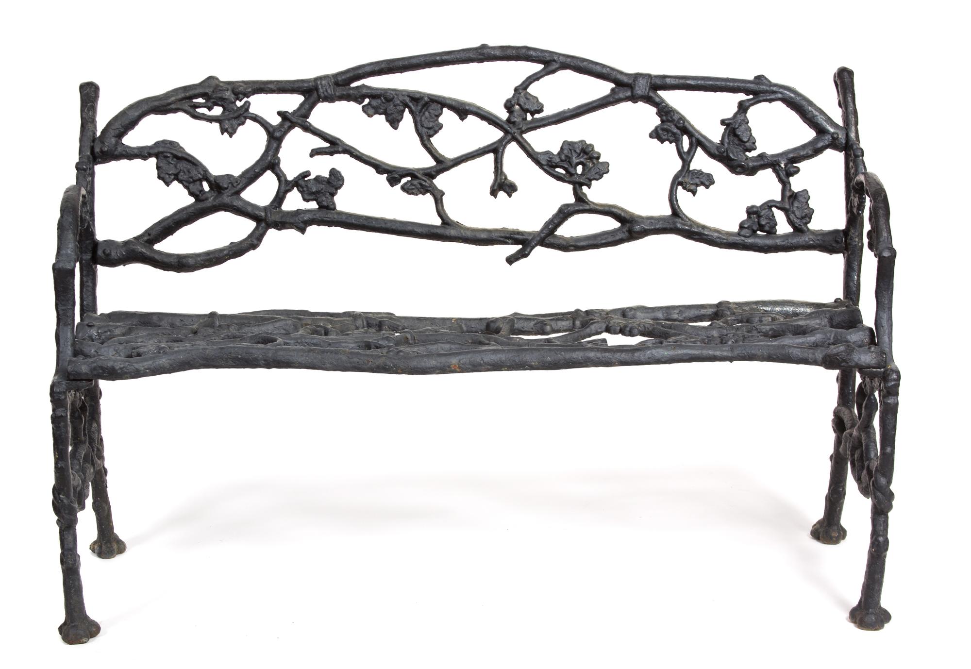 A Painted Iron Garden Bench and Matching Chair Bench, Height 33 x width 50 1/2 inches. — EARLY 20TH CENTURY