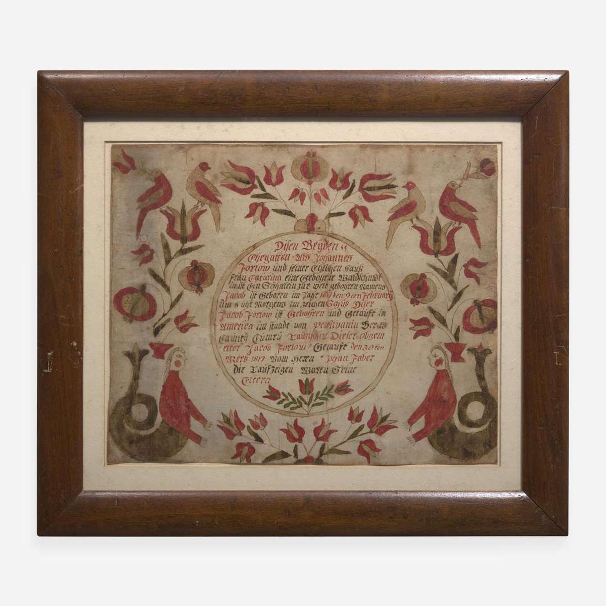 A Fraktur birth and baptism record for Jacob Farlow (1817-1877) Berks County, PA