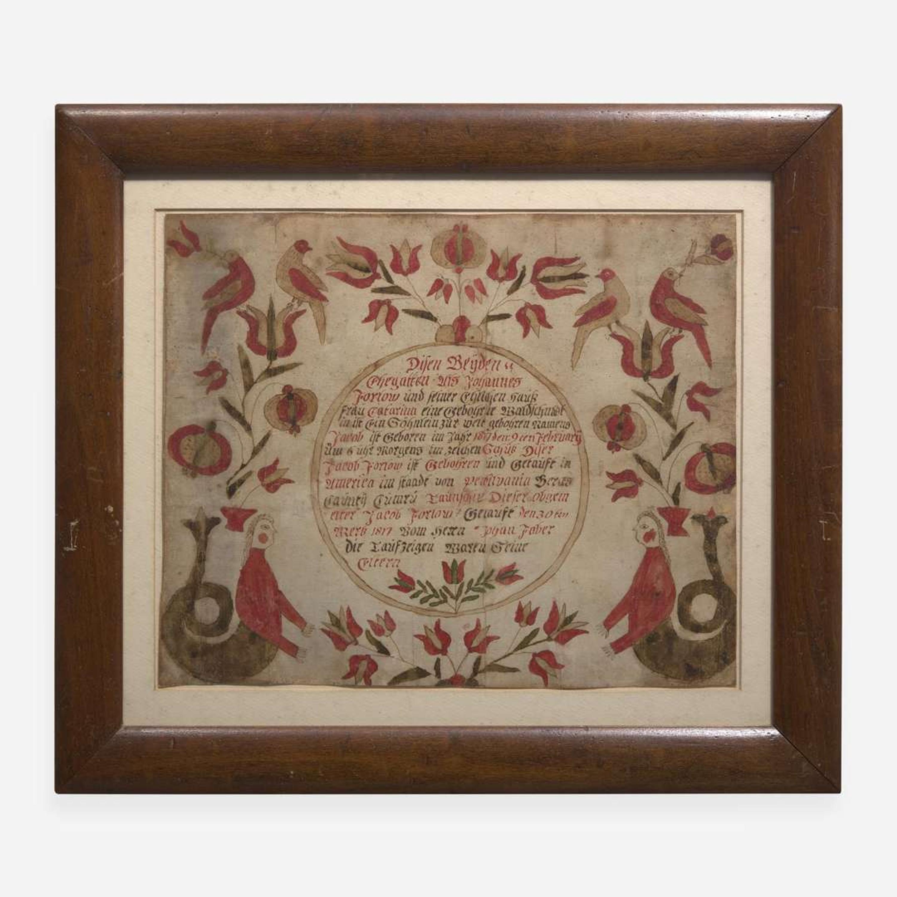 A Fraktur birth and baptism record for Jacob Farlow (1817-1877) Berks County, PA