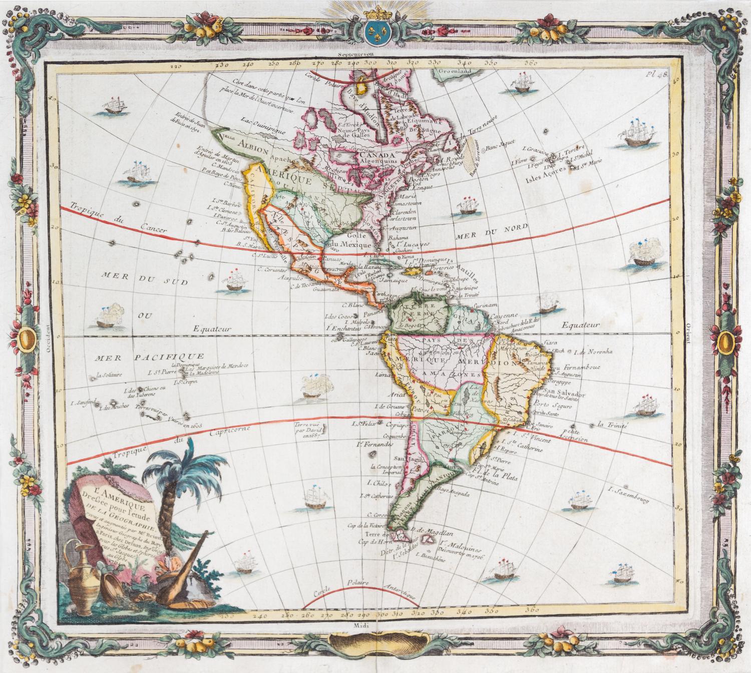 (MAP) BRION DE LA TOUR, L. L'Amerique dressee pour l'etude de la geographie... Paris, 1764. Engraved map with color of N and S. America