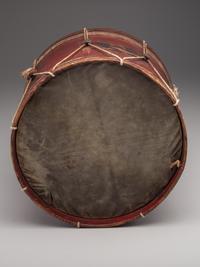 [CIVIL WAR]. E Pluribus Unum red-painted drum featuring eagle motif, with drumsticks.