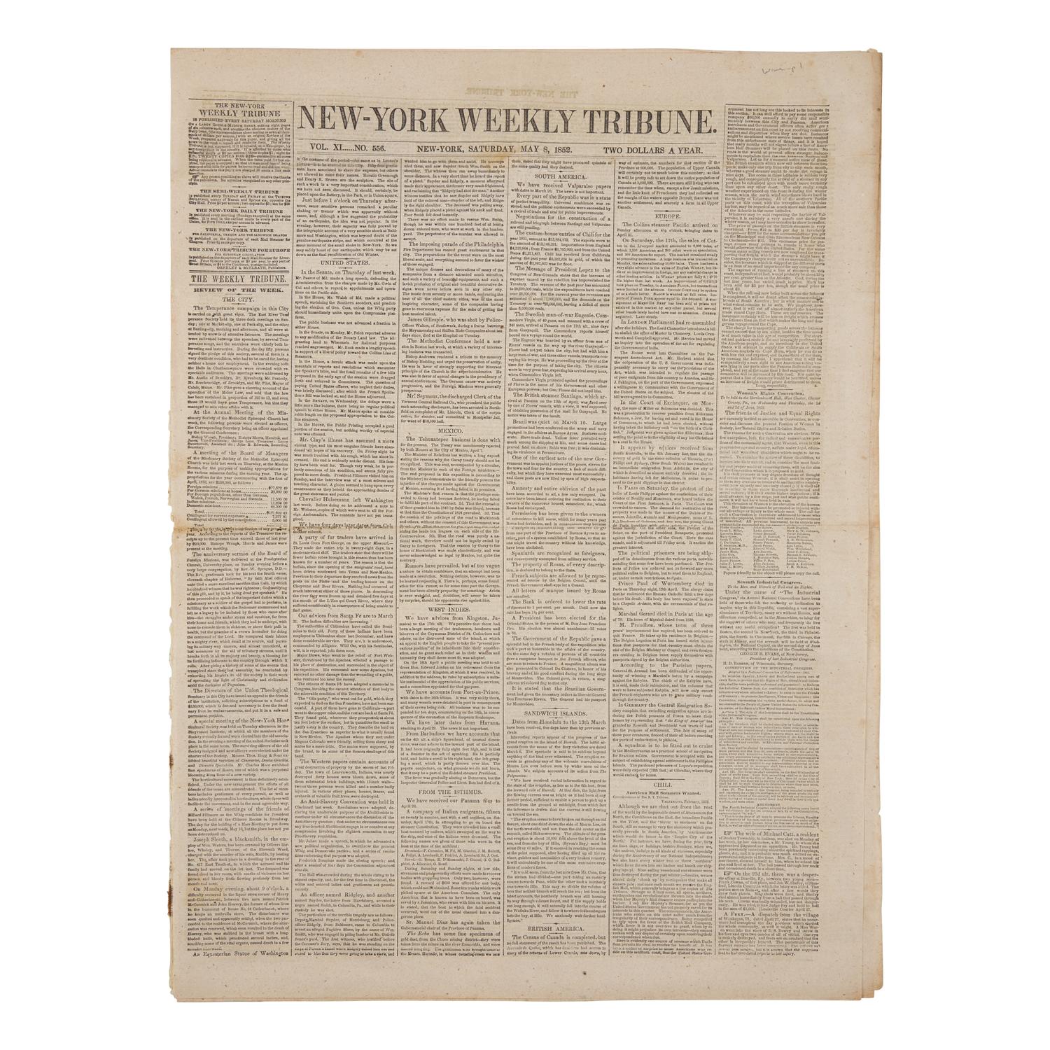 [Women's Rights] New-York Weekly Tribune, Advertising First Women's Rights Convention Held in Pennsylvania, May 8, 1852