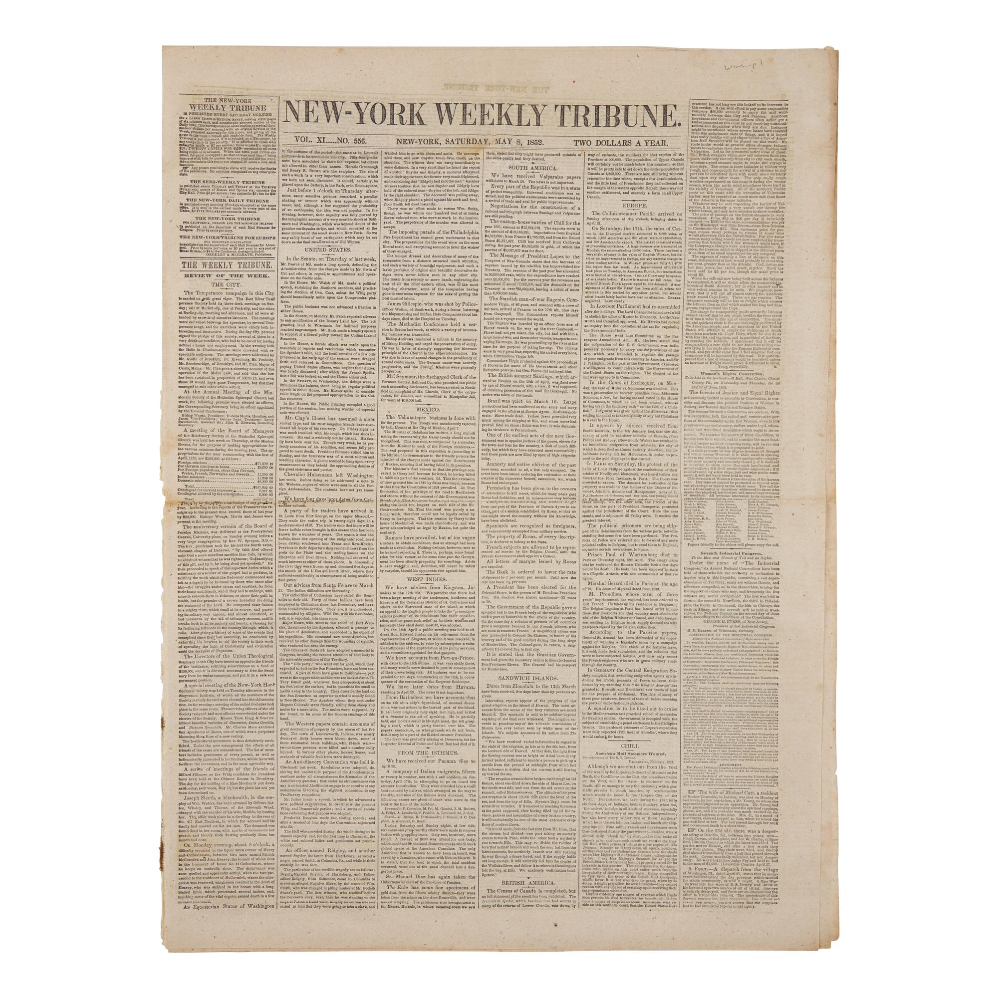 [Women's Rights] New-York Weekly Tribune, Advertising First Women's Rights Convention Held in Pennsylvania, May 8, 1852