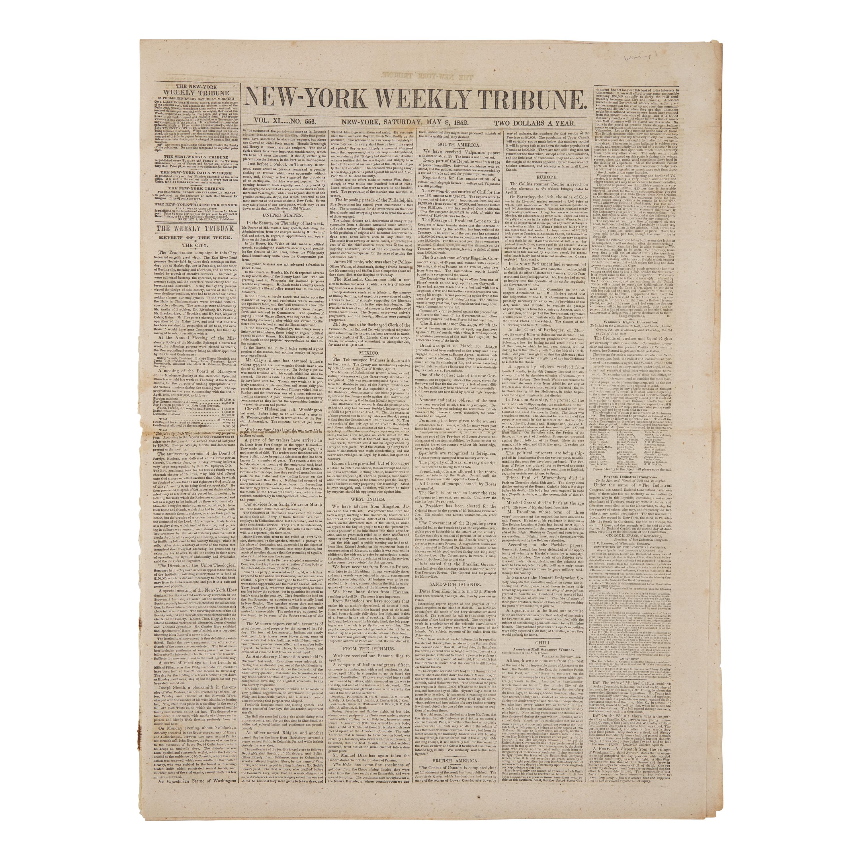 *[Women's Rights] New-York Weekly Tribune, Advertising First Women's Rights Convention Held in Pennsylvania, May 8, 1852