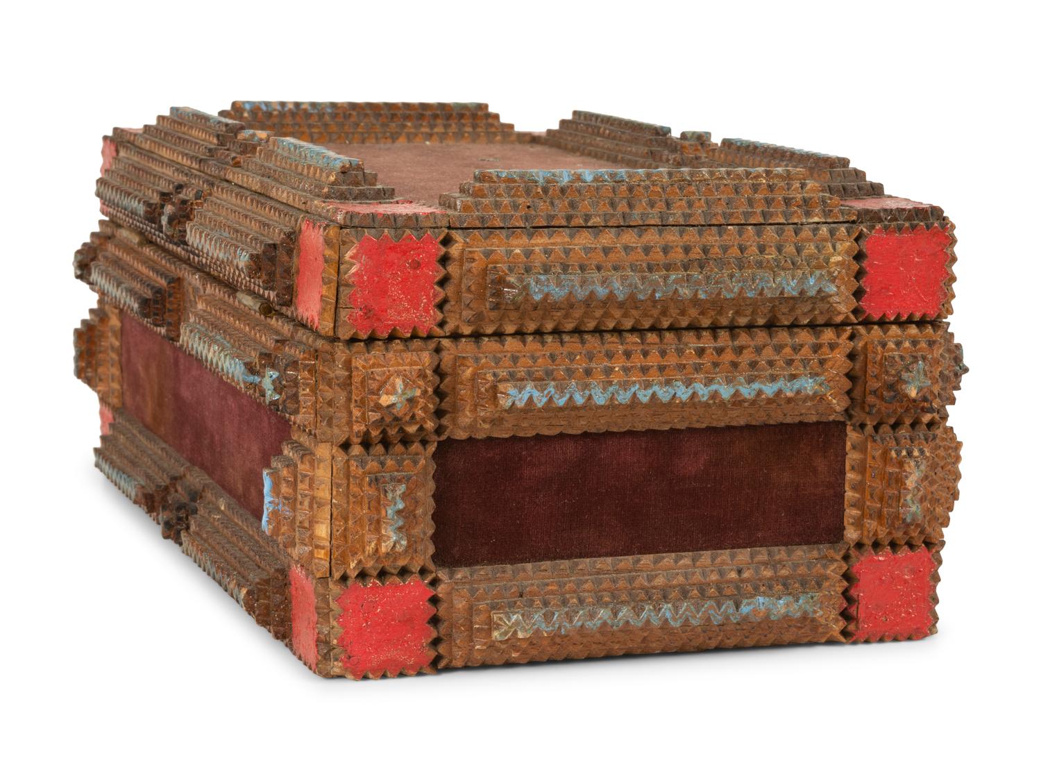 A Painted Wood and Velvet Tramp Art Box