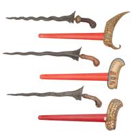 Three Decorative Javanese Kris Knives with Display Stand