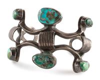 Navajo Sandcast Silver and Turquoise Cuff Bracelet