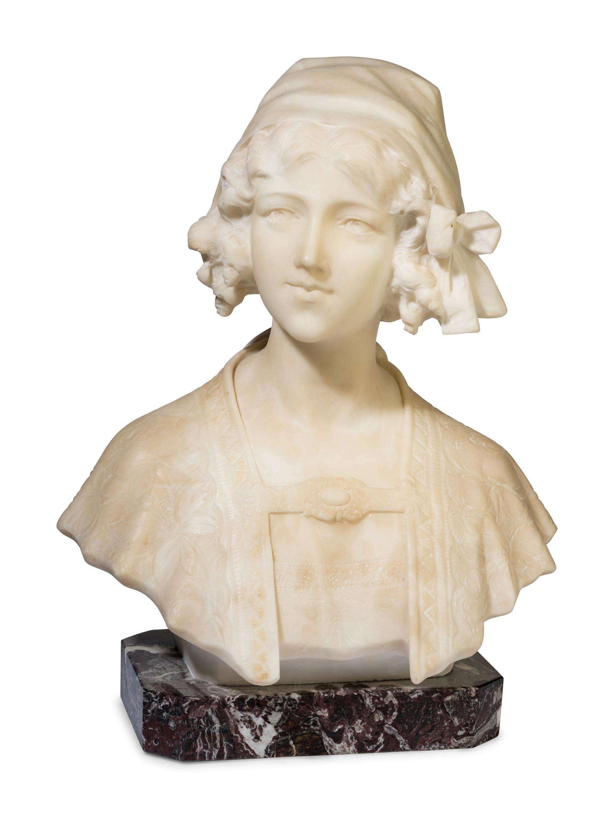 An Italian Carved Alabaster Bust of a Young Girl on a Marble Base