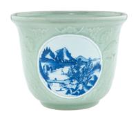A Chinese Celadon Ground Underglaze Blue Cachepot