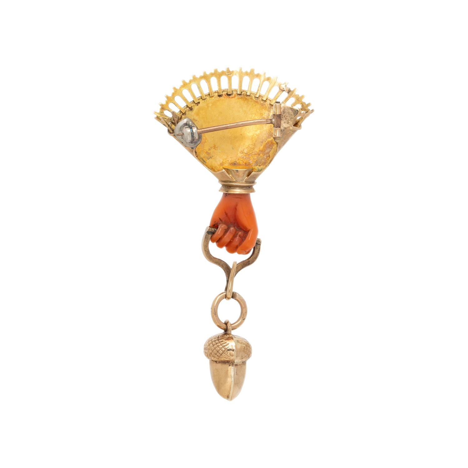 ANTIQUE, CORAL HAND, ENAMEL, AND GOLD BROOCH