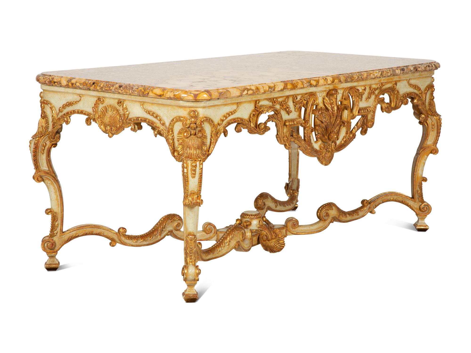 A Régence Style Painted and Parcel Gilt Marble-Top Center Table