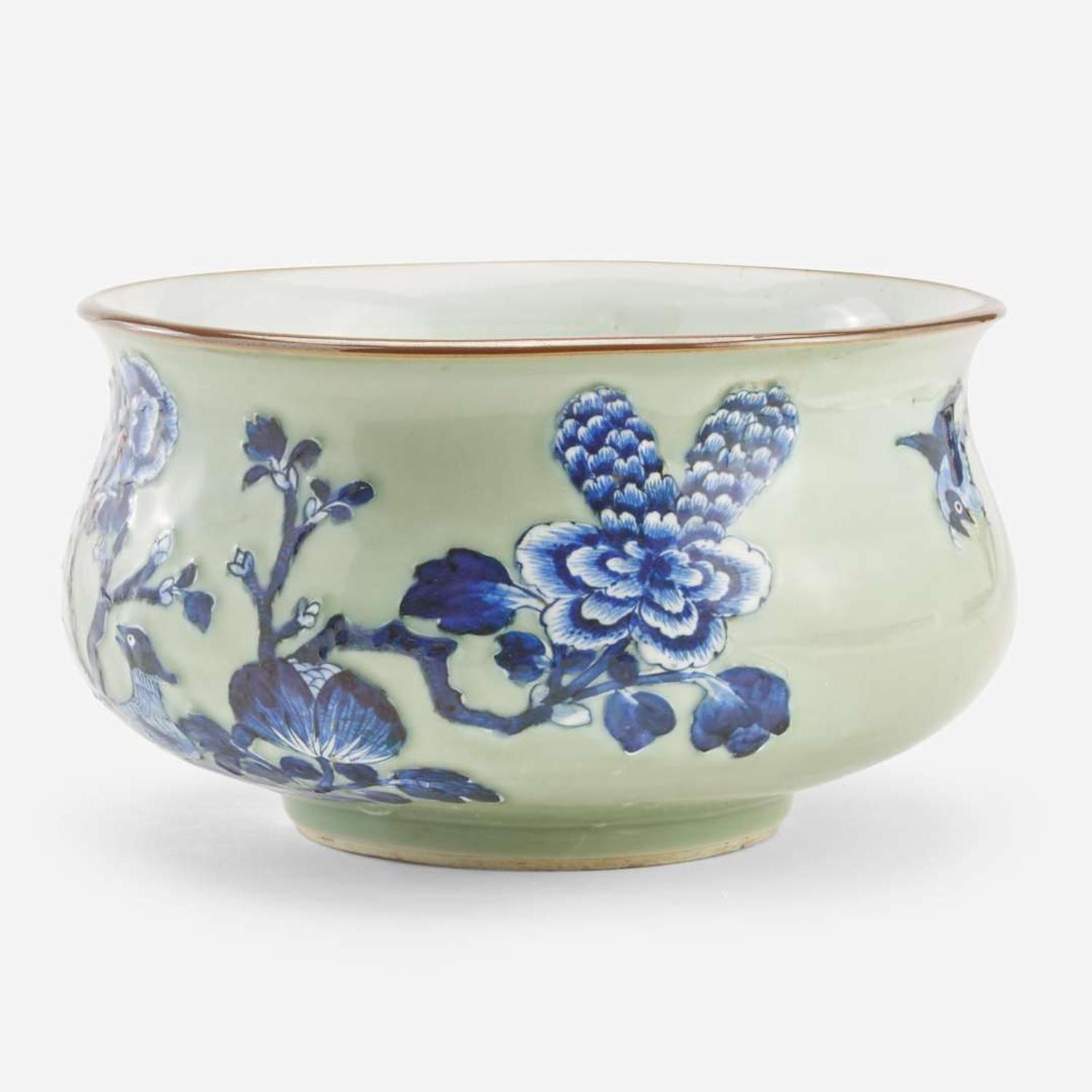 A Chinese blue and white-decorated celadon-ground porcelain ogee censer 青花瓷香炉 Qing dynasty ?
