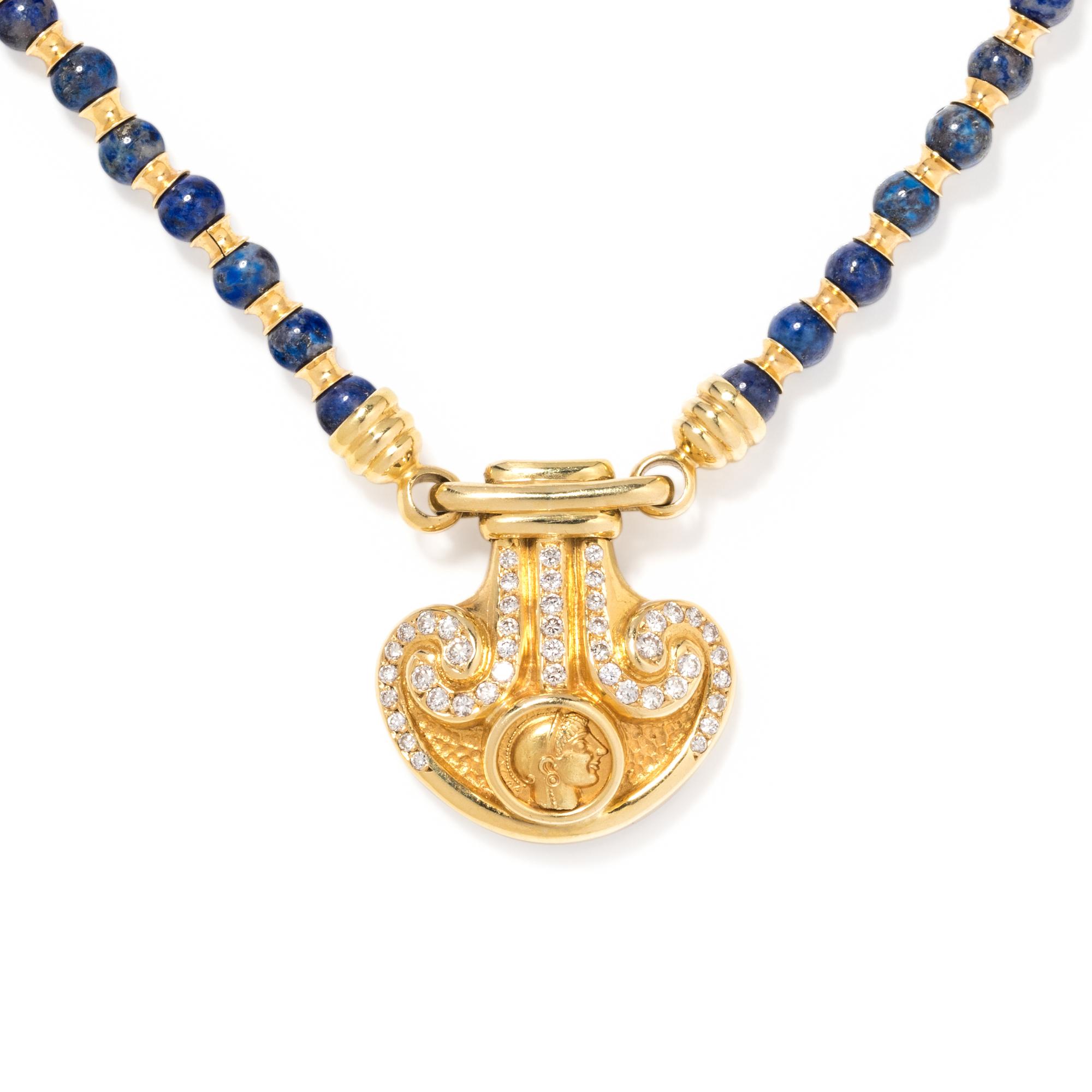 MARAMENOS & PATERAS, YELLOW GOLD, DIAMOND AND LAPIS LAZULI NECKLACE