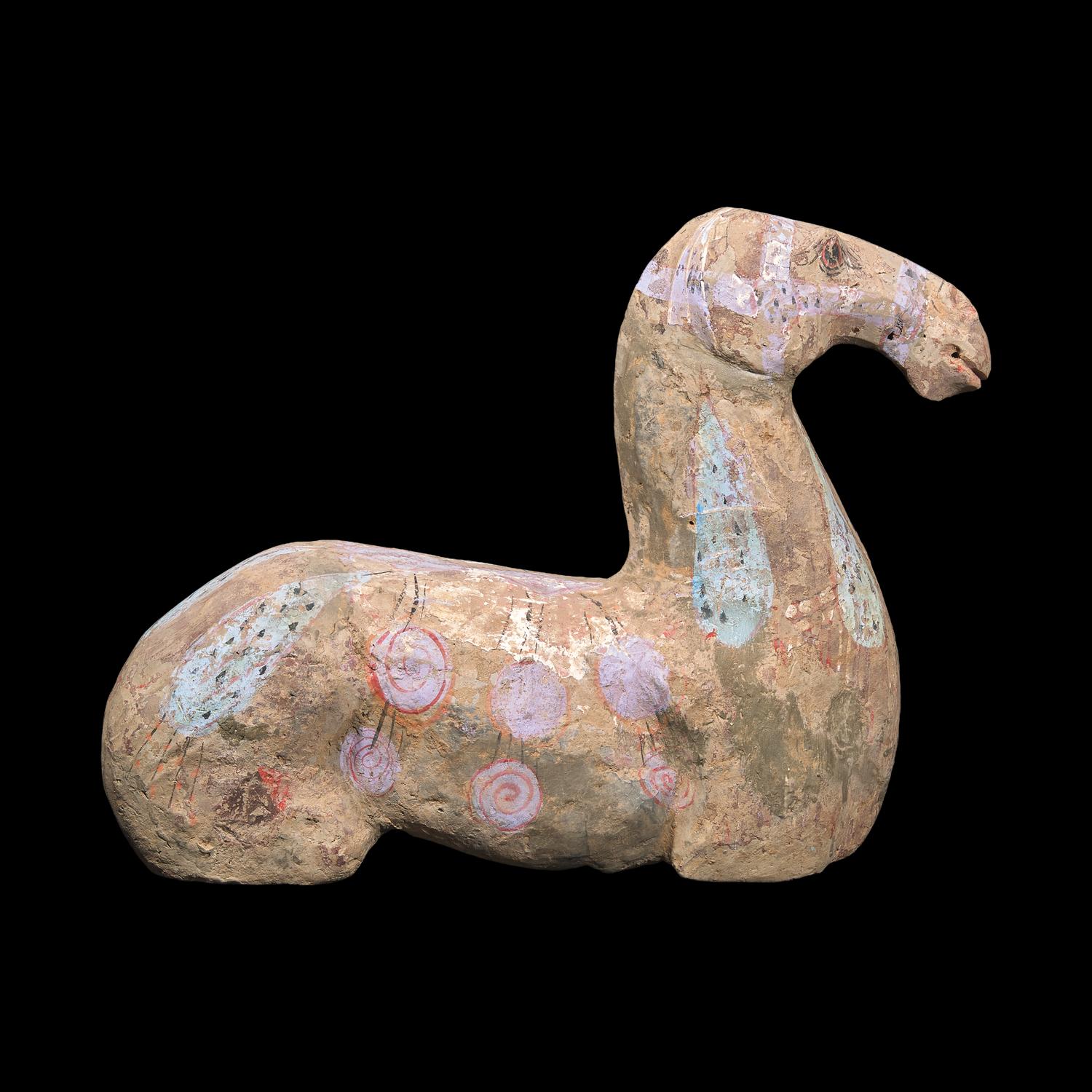 A Chinese Painted Grey Pottery Figure of Recumbent Horse, Han Dynasty 漢 彩繪灰陶馬