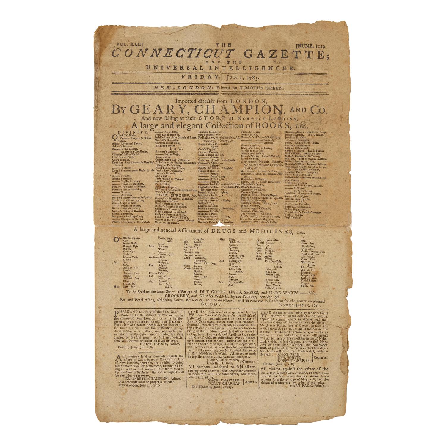 [Early American Trades] A Full Front-Page Ad by an 18th-century American Bookseller for a "Large and Elegant Collection of Books"