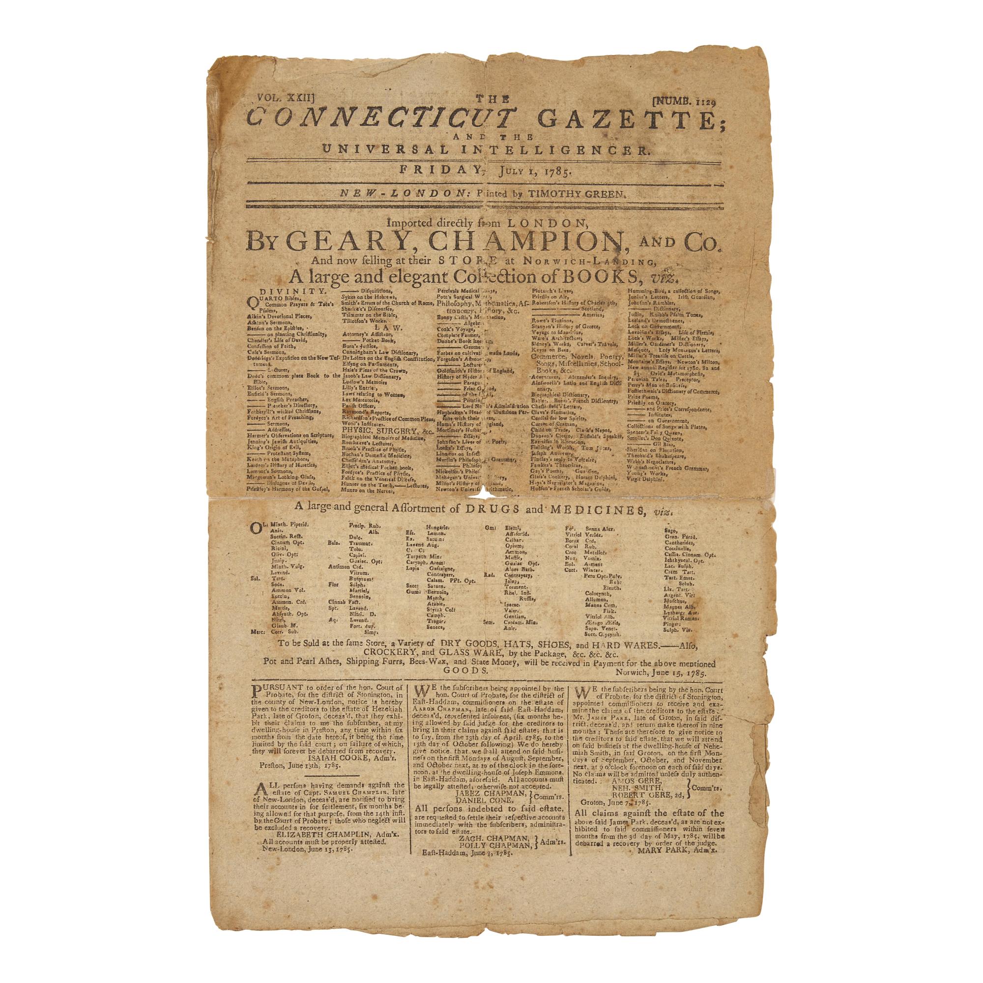 [Early American Trades] A Full Front-Page Ad by an 18th-century American Bookseller for a "Large and Elegant Collection of Books"