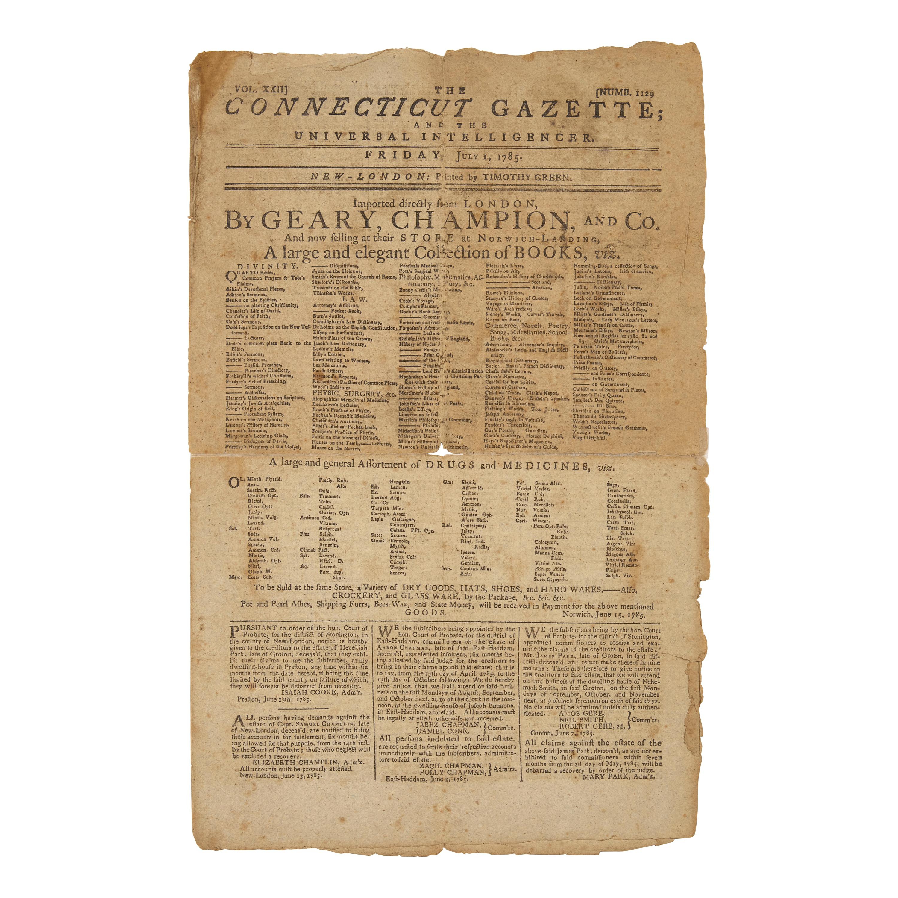 [Early American Trades] A Full Front-Page Ad by an 18th-century American Bookseller for a "Large and Elegant Collection of Books"