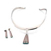 Silver Choker and Matching Post Earrings, with Coral, Jet, and Turquoise Mosaic Inlaid Edges