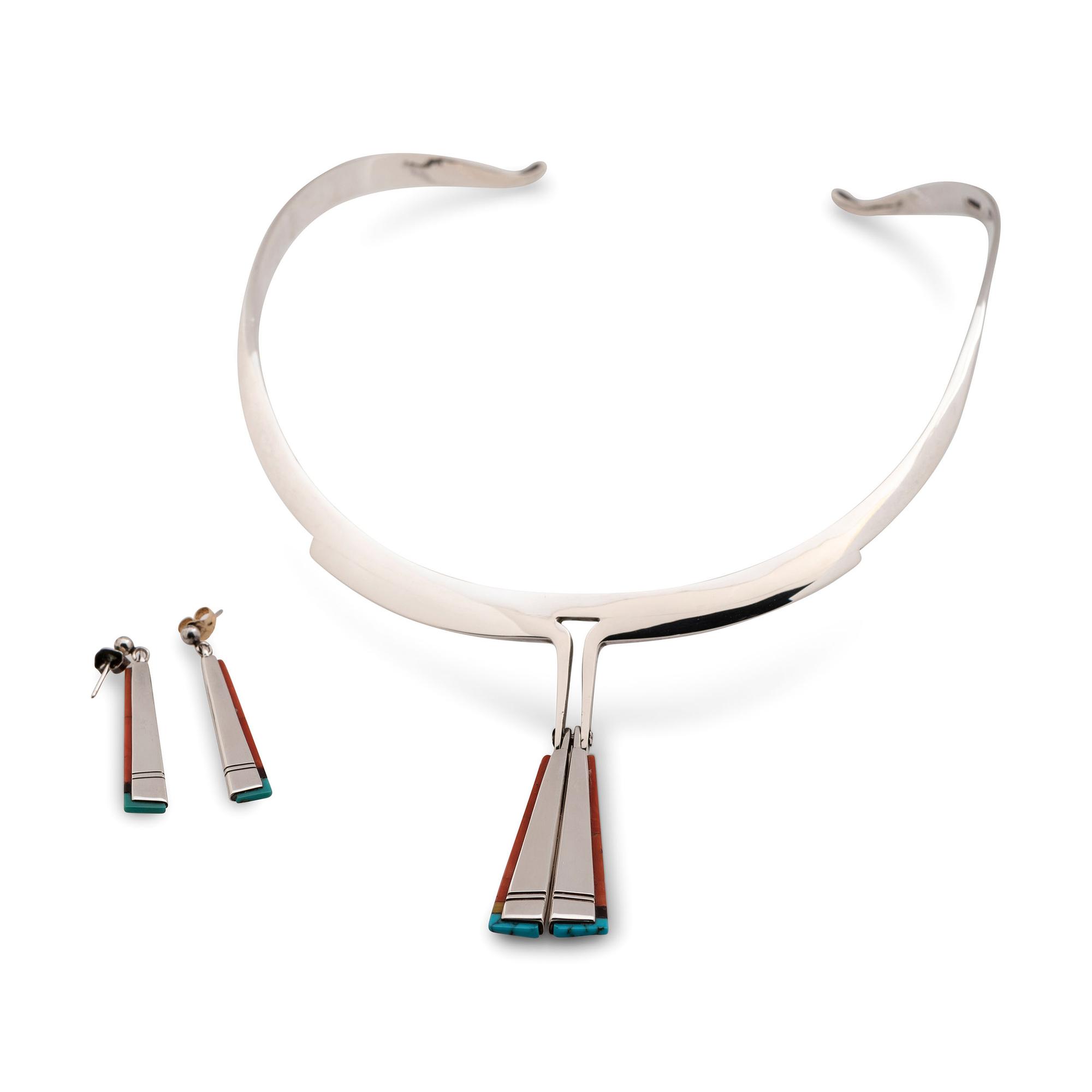 Silver Choker and Matching Post Earrings, with Coral, Jet, and Turquoise Mosaic Inlaid Edges