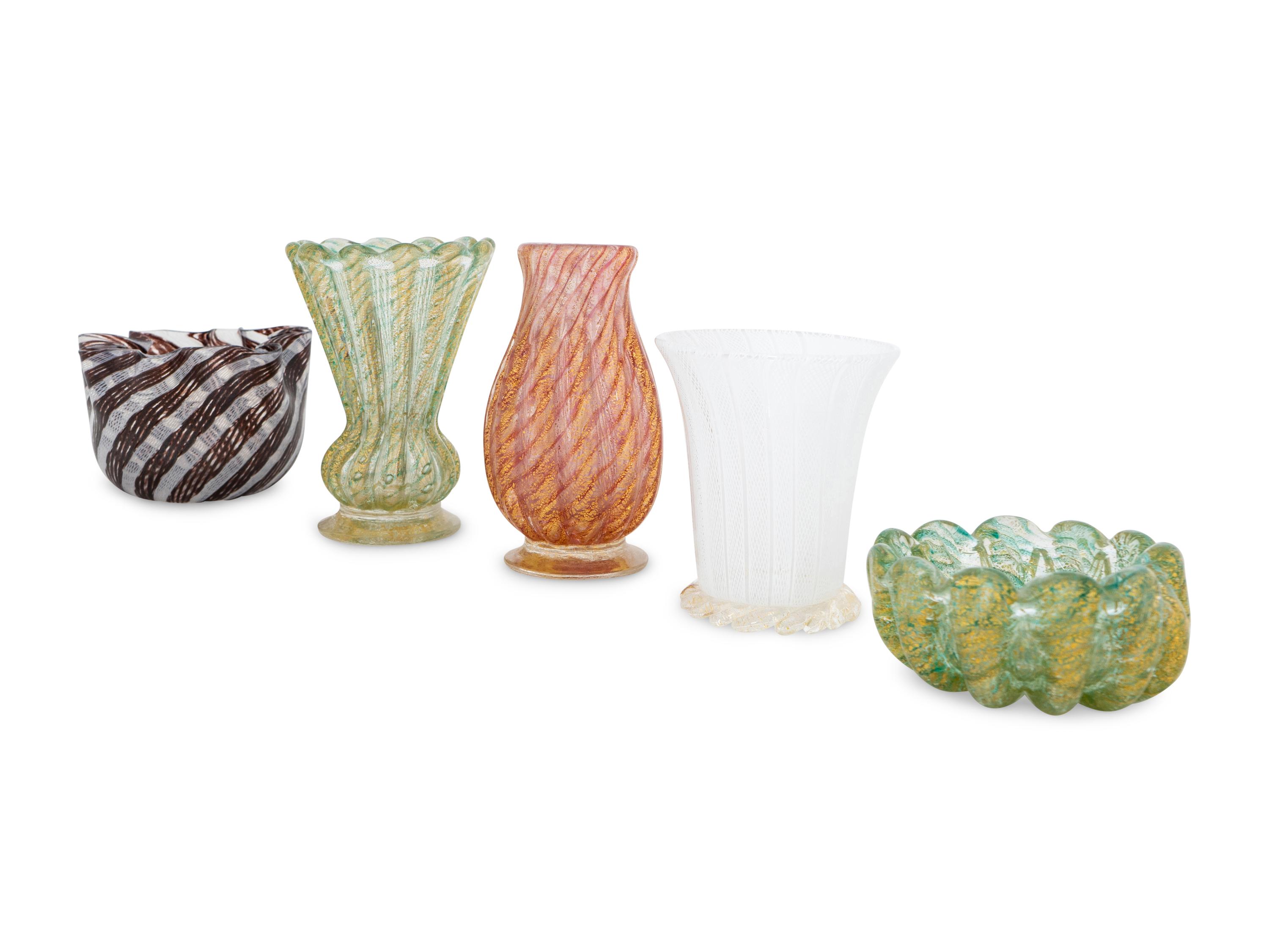 A Collection of Five Murano Glass Articles Including Two Fratelli Toso Ribbon Vases