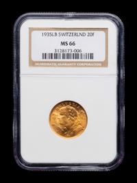 [SWITZERLAND] A 1935LB 20 Franc Gold Coin (NGC MS66)