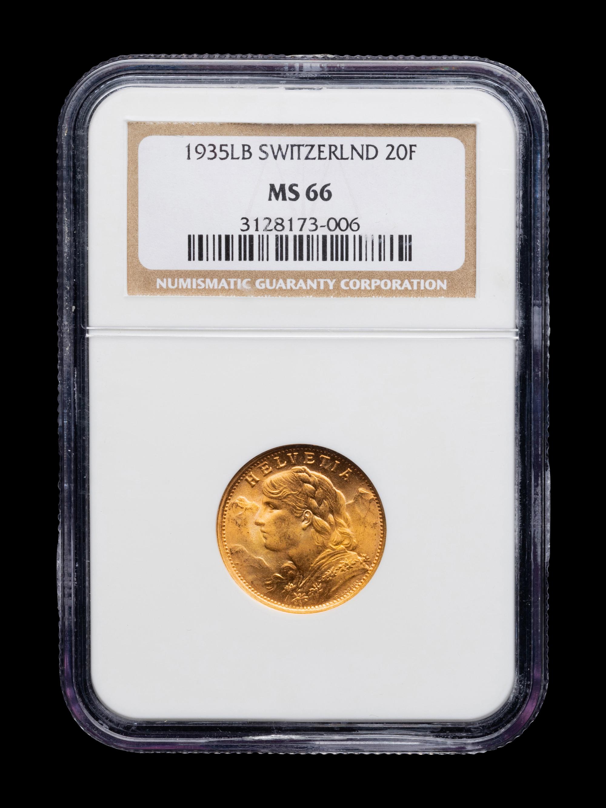 [SWITZERLAND] A 1935LB 20 Franc Gold Coin (NGC MS66)