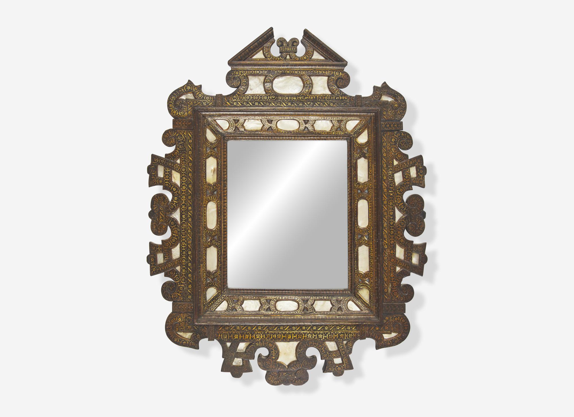 A North Italian Mother-of-Pearl Inlaid, Parcel Gilt and Black Lacquered Mirror