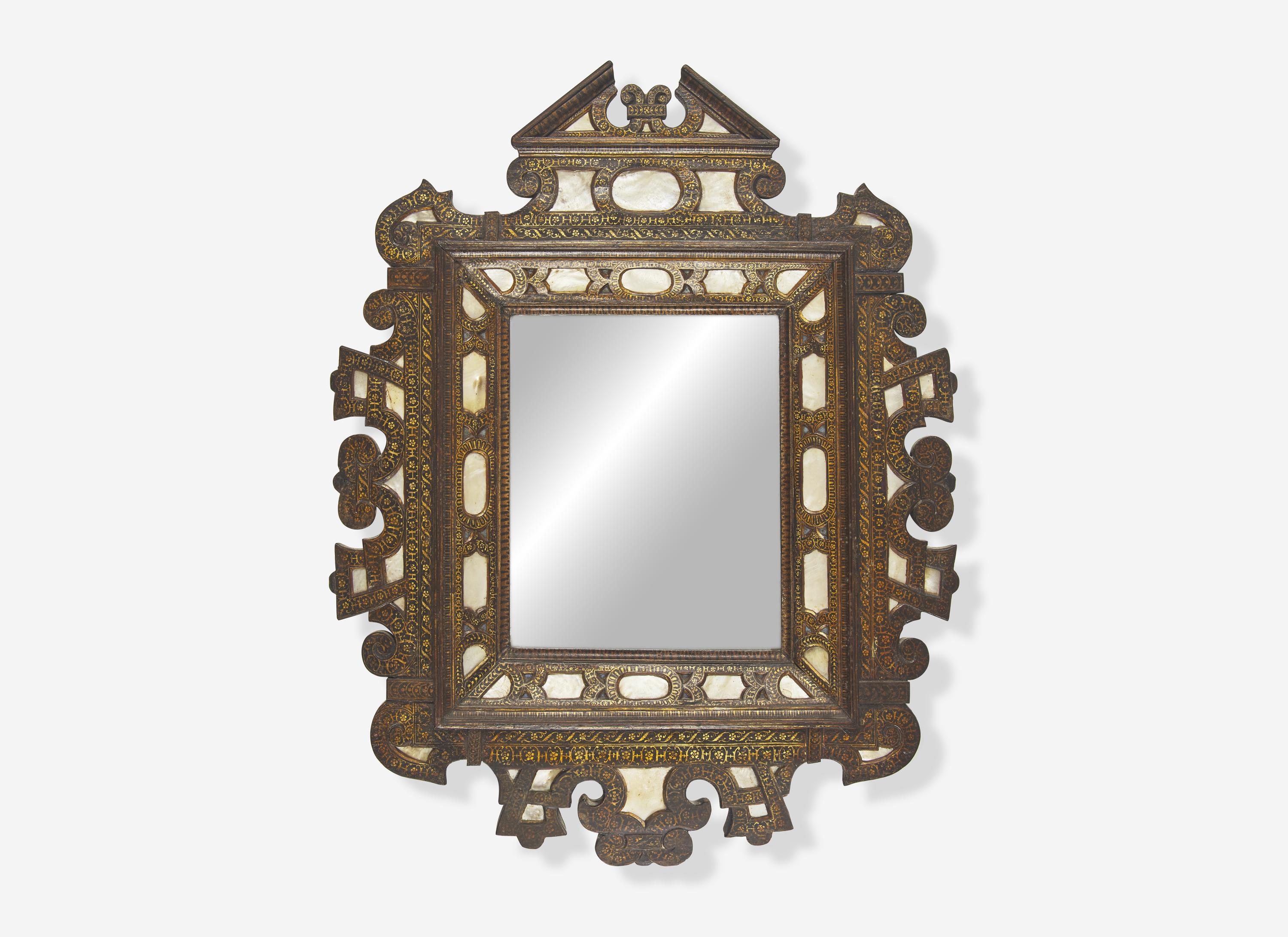 A North Italian Mother-of-Pearl Inlaid, Parcel Gilt and Black Lacquered Mirror