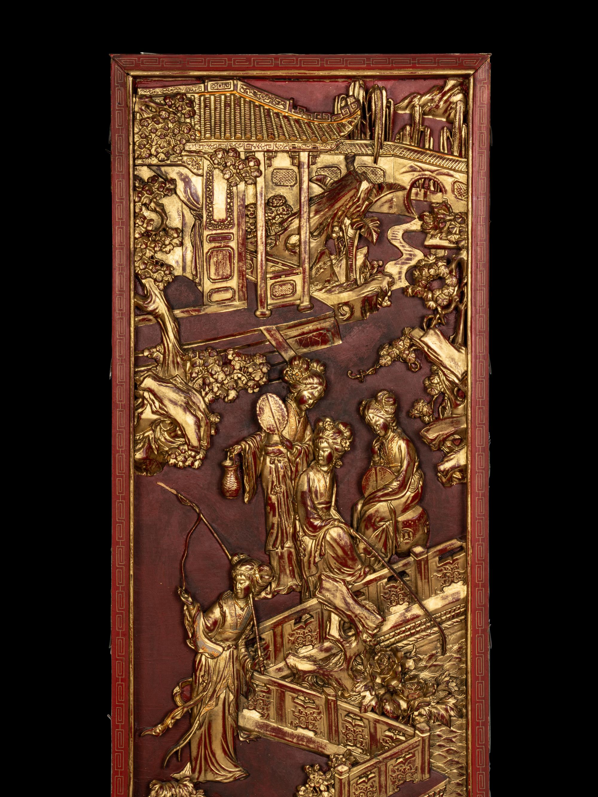 Two Pairs of Chinese Gilt and Red Lacquered Wood Panels