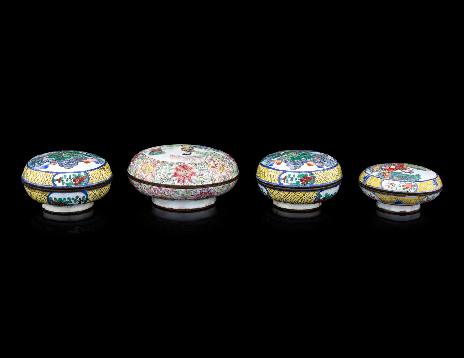 Four Chinese Canton Enamel on Copper Covered Boxes