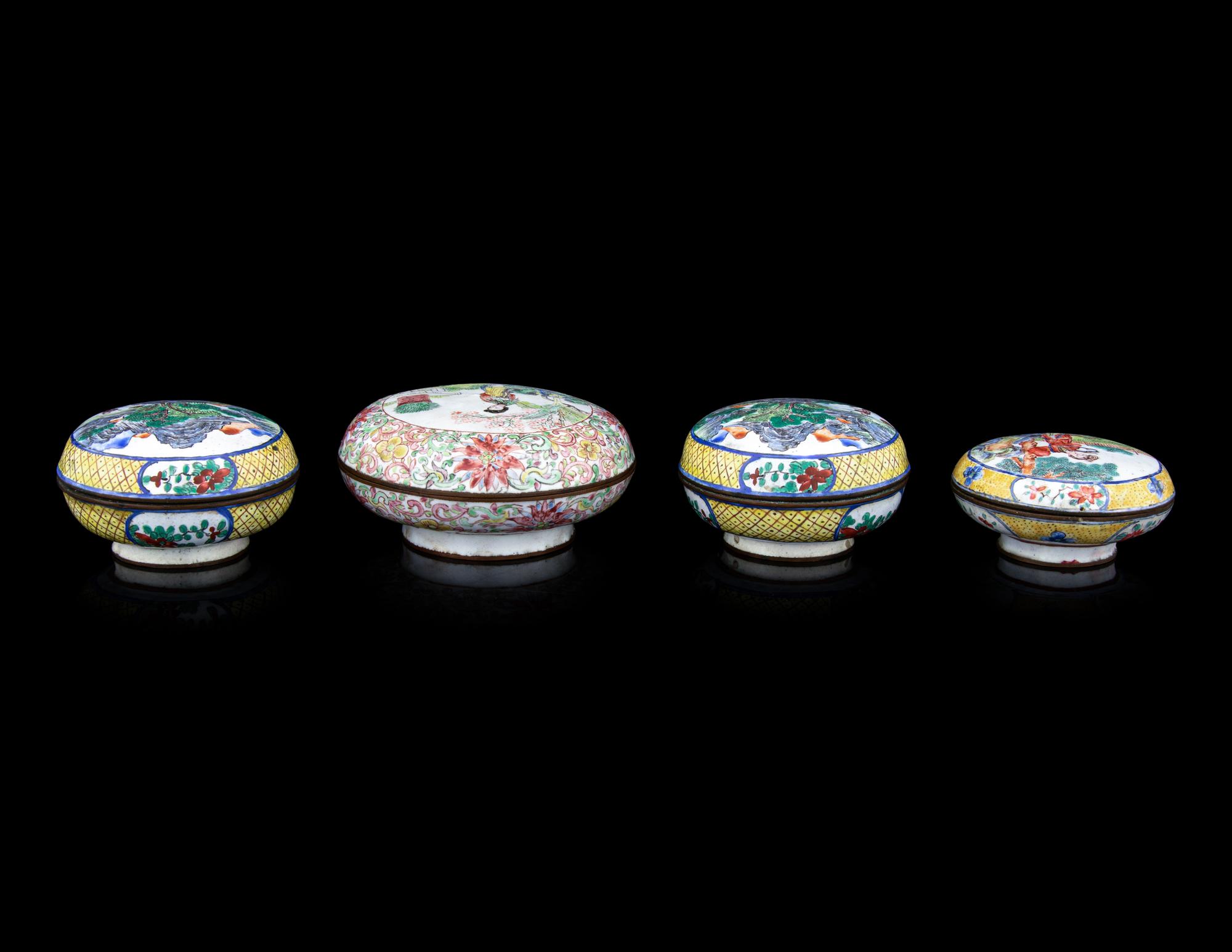 Four Chinese Canton Enamel on Copper Covered Boxes