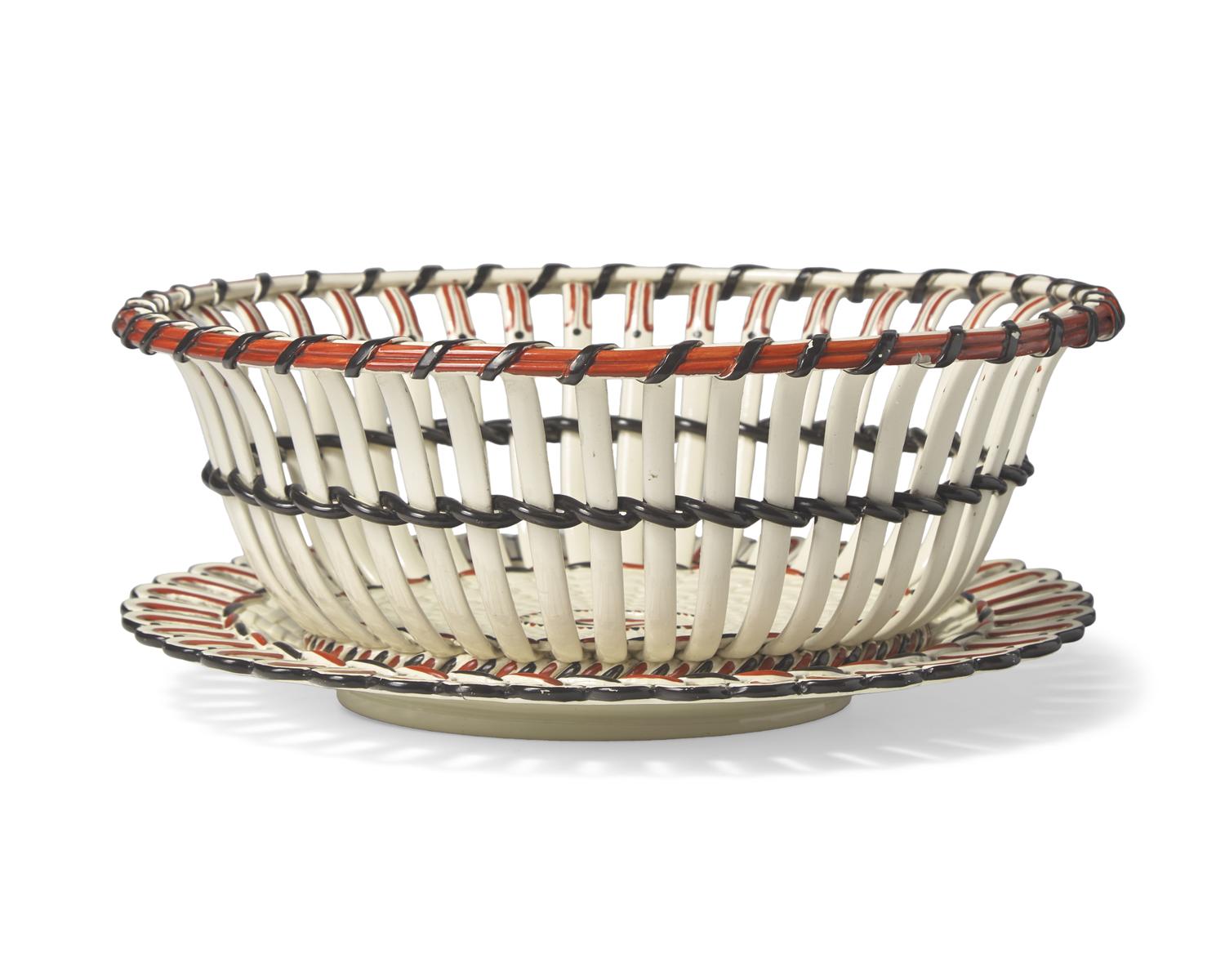 A Wedgwood Enamel-Decorated Creamware Reticulated Basket and Stand