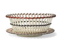 A Wedgwood Enamel-Decorated Creamware Reticulated Basket and Stand
