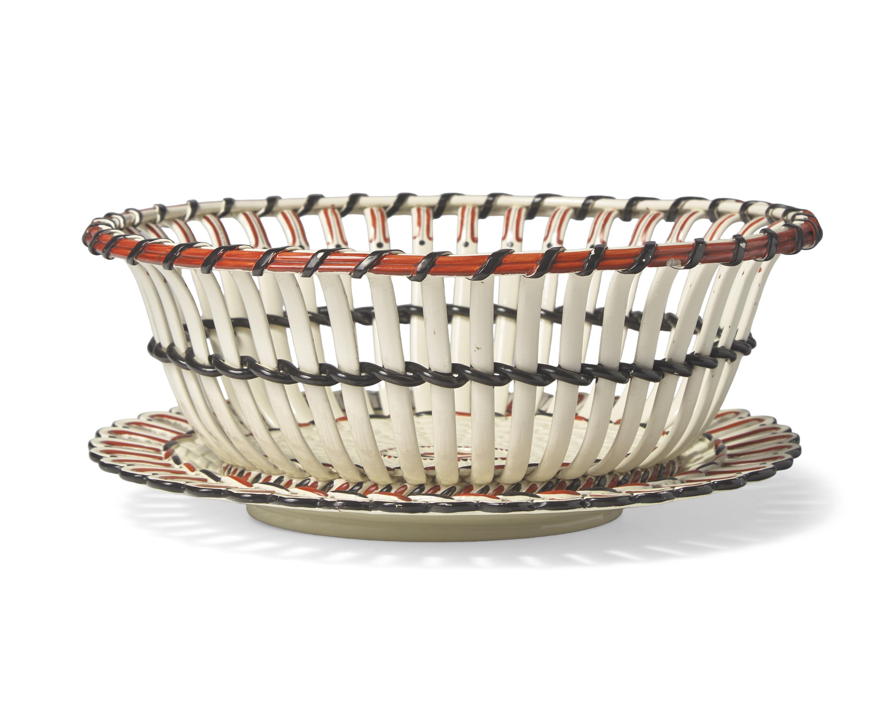 A Wedgwood Enamel-Decorated Creamware Reticulated Basket and Stand