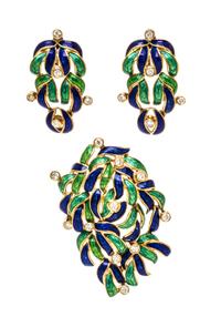 An 18 Karat Yellow Gold, Diamond and Polychrome Enamel Demi Parure, Cellino, 25.10 dwts.