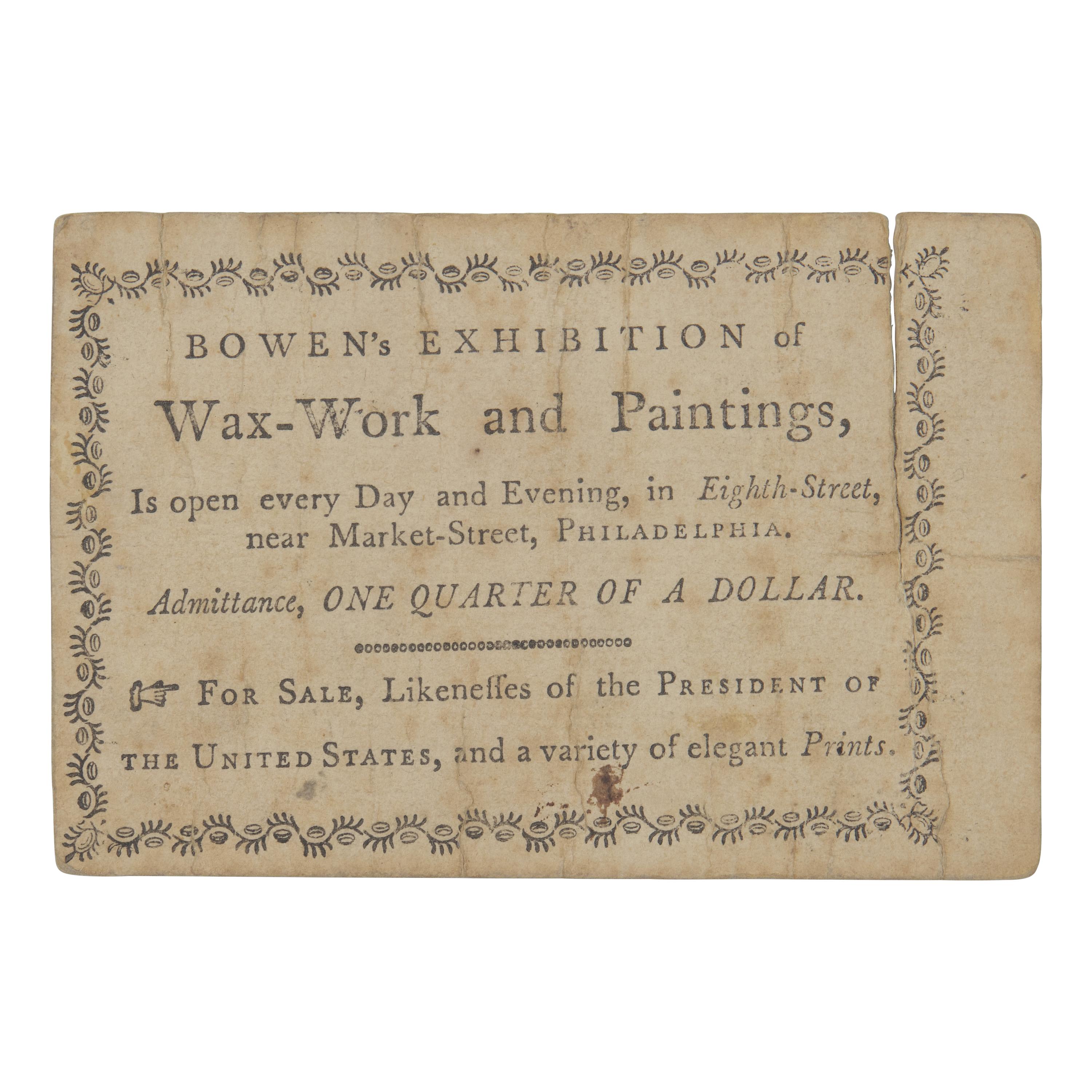 [Early American Museum] A Very Early Philadelphia Museum Trade Card for Bowen's Exhibition of Wax-Work and Paintings