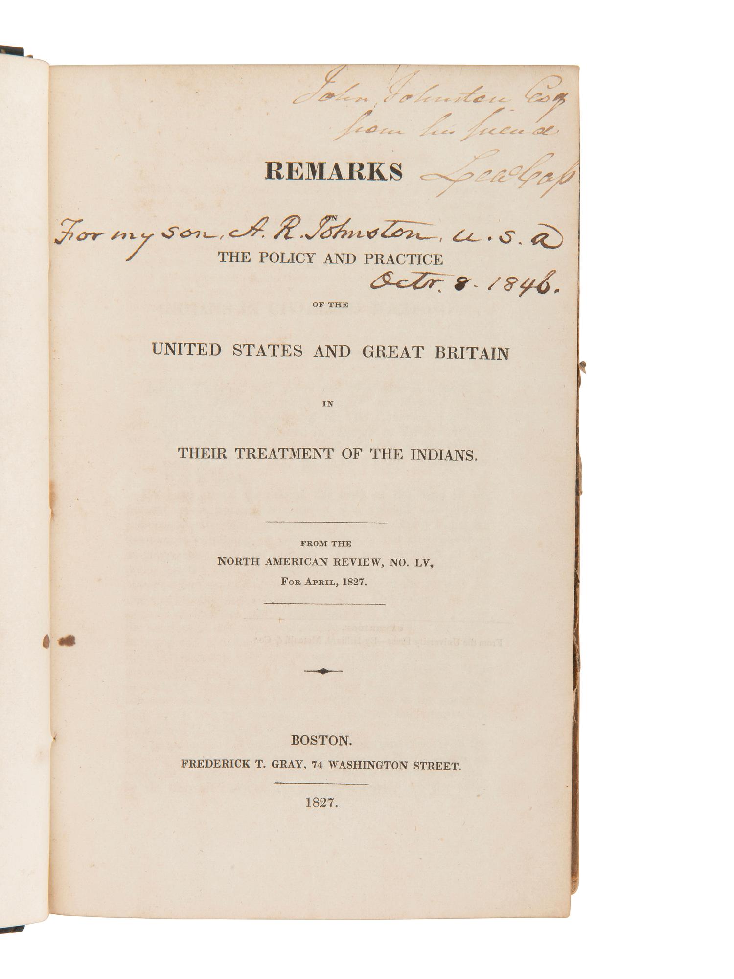 [JOHNSTON, John (1775-1861), his copies]. Early Indian Affairs and Ohio Valley sammelbands and books of Indian Agent John Johnston.