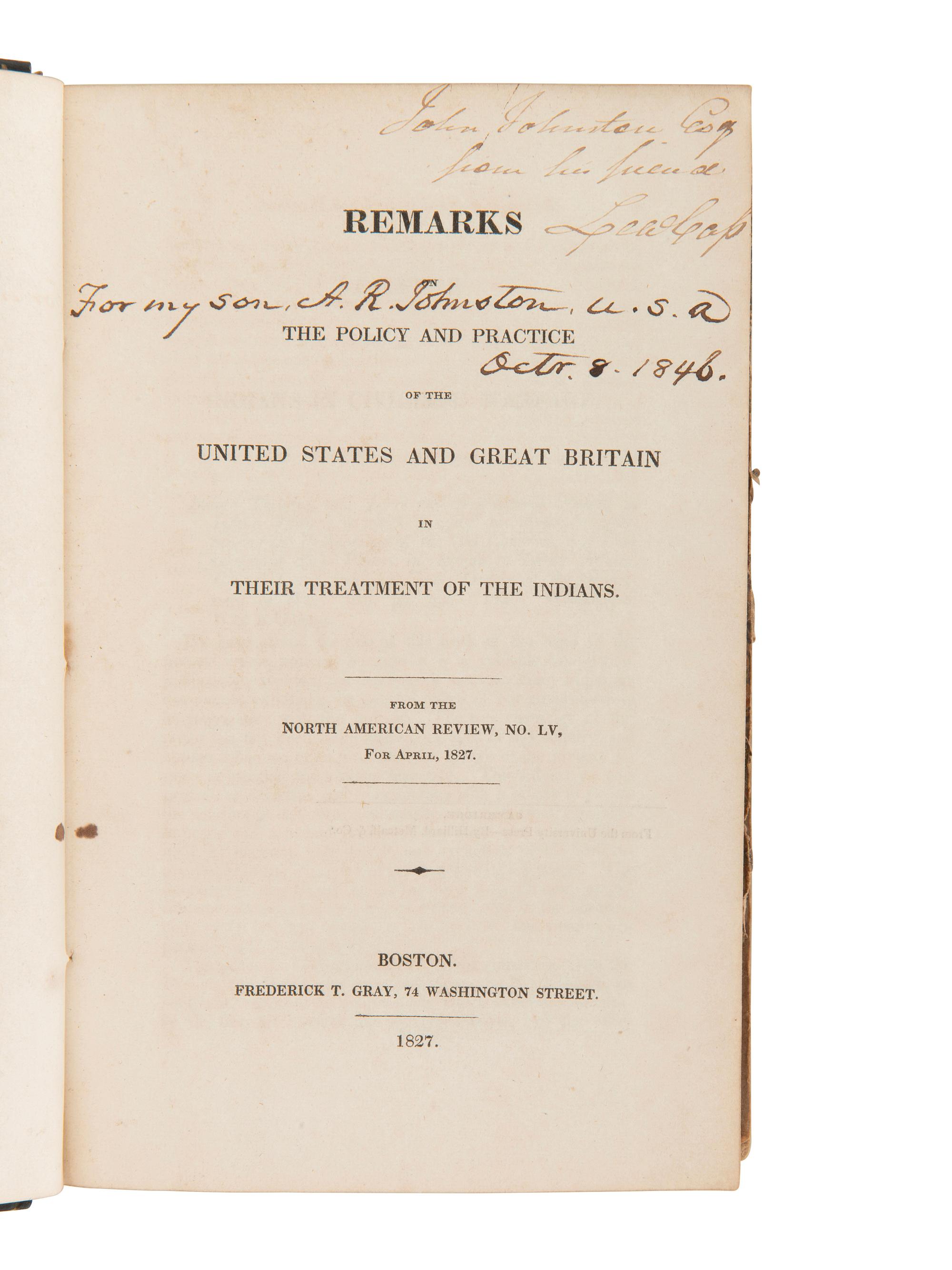 [JOHNSTON, John (1775-1861), his copies]. Early Indian Affairs and Ohio Valley sammelbands and books of Indian Agent John Johnston.