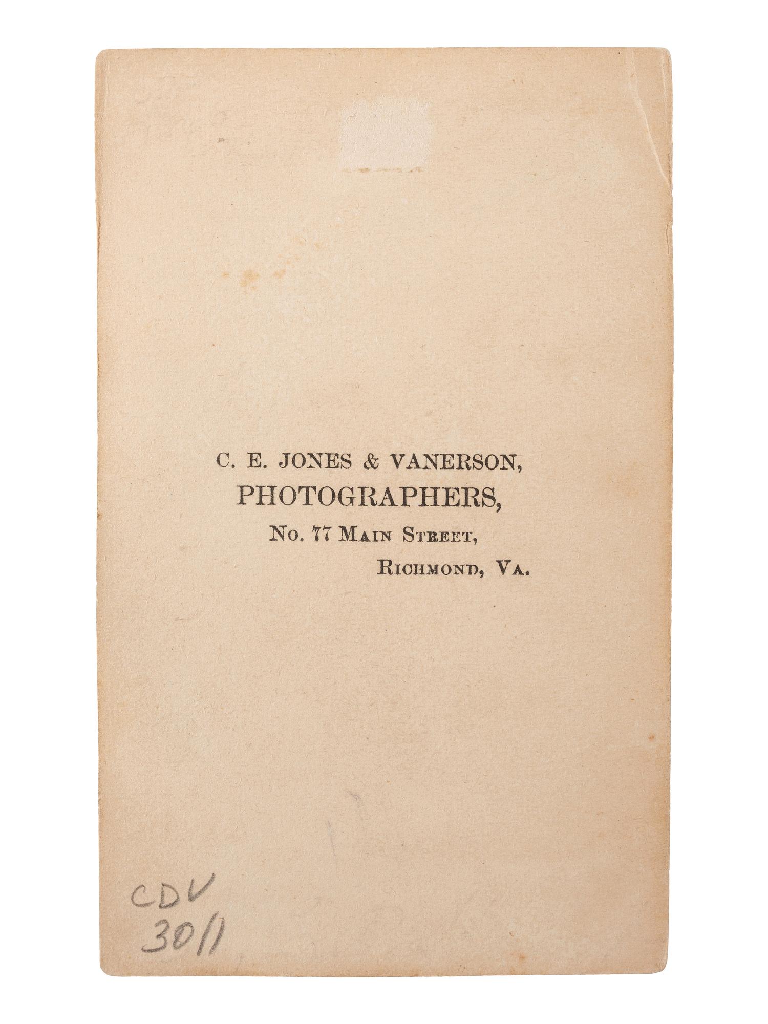 [CIVIL WAR]. JONES & VANERSON, photographers. CDV of J.E.B. Stuart. Richmond, Virginia: [ca 1860s].