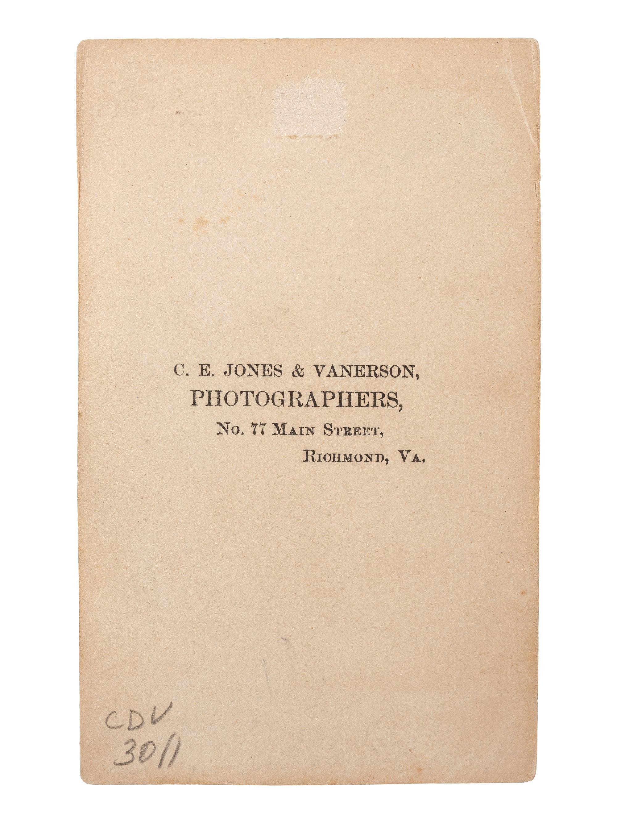 [CIVIL WAR]. JONES & VANERSON, photographers. CDV of J.E.B. Stuart. Richmond, Virginia: [ca 1860s].